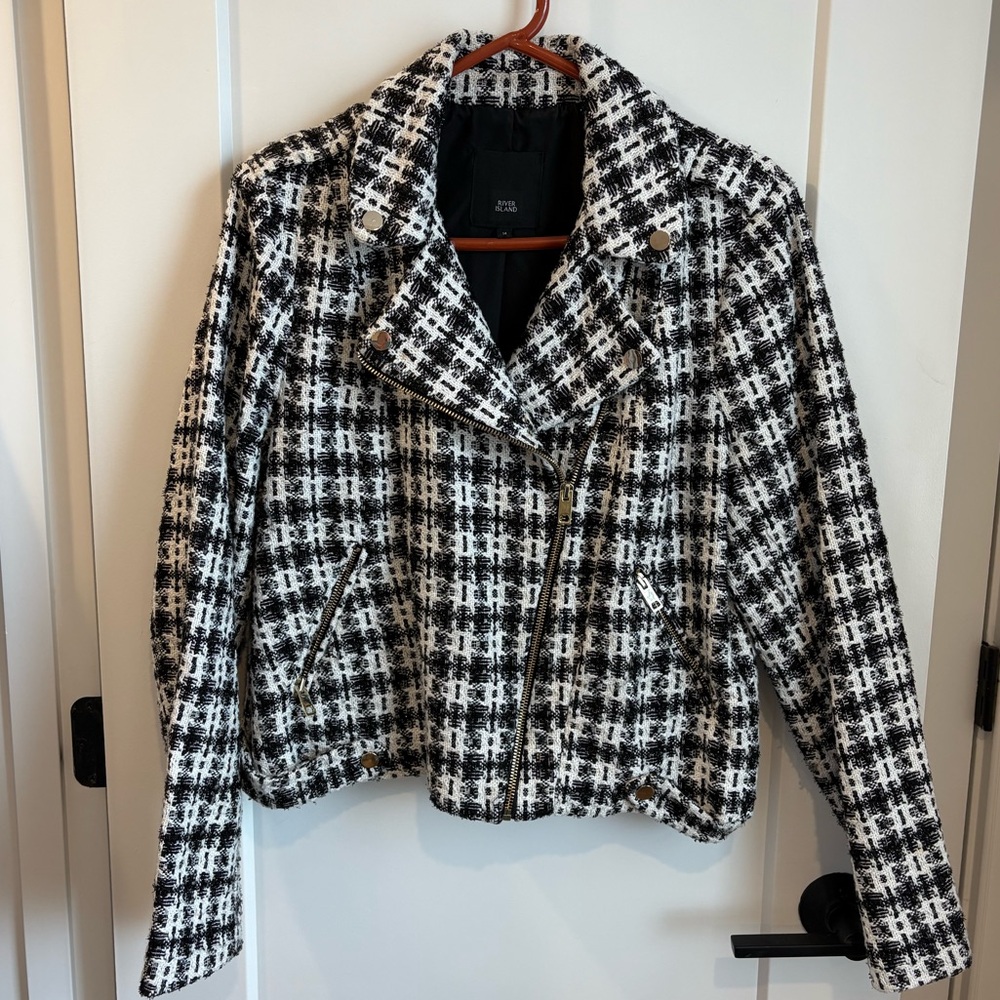 River Island Black and White Tweed Style Moto Jacket